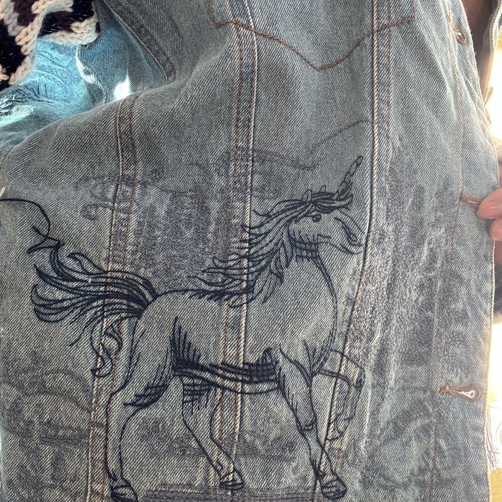 Denim Jacket with Knit Sleeves and Fringe - Picture 8 of 9